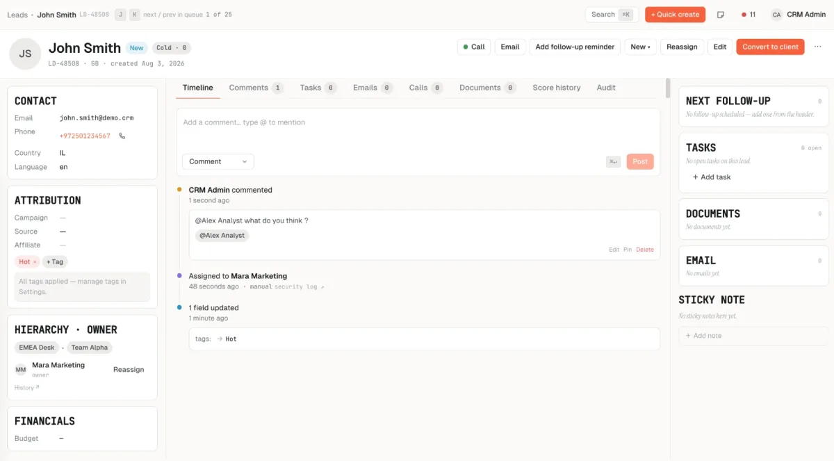 ליד ב-PhonedCRM: פרטי קשר, ציר זמן של הערות ושינויים, משימות, מסמכים ומיילים (נתוני דמו)