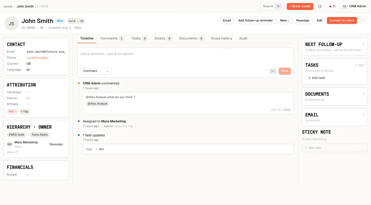 ליד ב-PhonedCRM: פרטי קשר, ציר זמן של הערות ושינויים, משימות, מסמכים ומיילים (נתוני דמו)